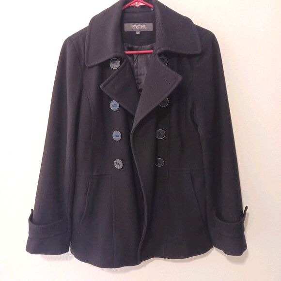 Kenneth Cole Reaction Black Wool Blend Double Breasted Peacoat Women's Sz 10 - Picture 1 of 13